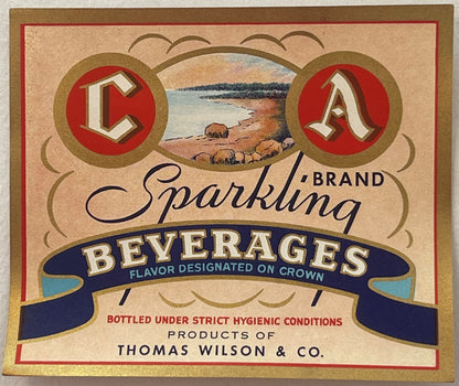 Vintage CA Brand Sparkling Beverages label with red circles containing letters C and A, landscape vignette, navy banner, and 