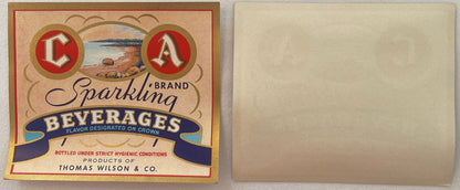 Vintage CA Brand Sparkling Beverages label by Thomas Wilson & Co., showing red circles with letters, coastal landscape, and b
