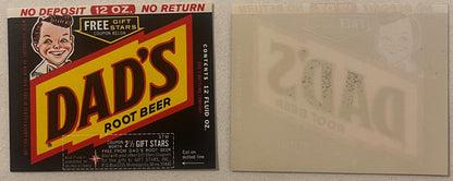 Vintage Dad's Root Beer label showing smiling face mascot, yellow and red design, with coupon section and "Cut on dotted line