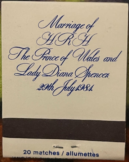 Cream-colored matchbook cover with blue cursive text reading "Marriage of HRH The Prince of Wales and Lady Diana Spencer 29th