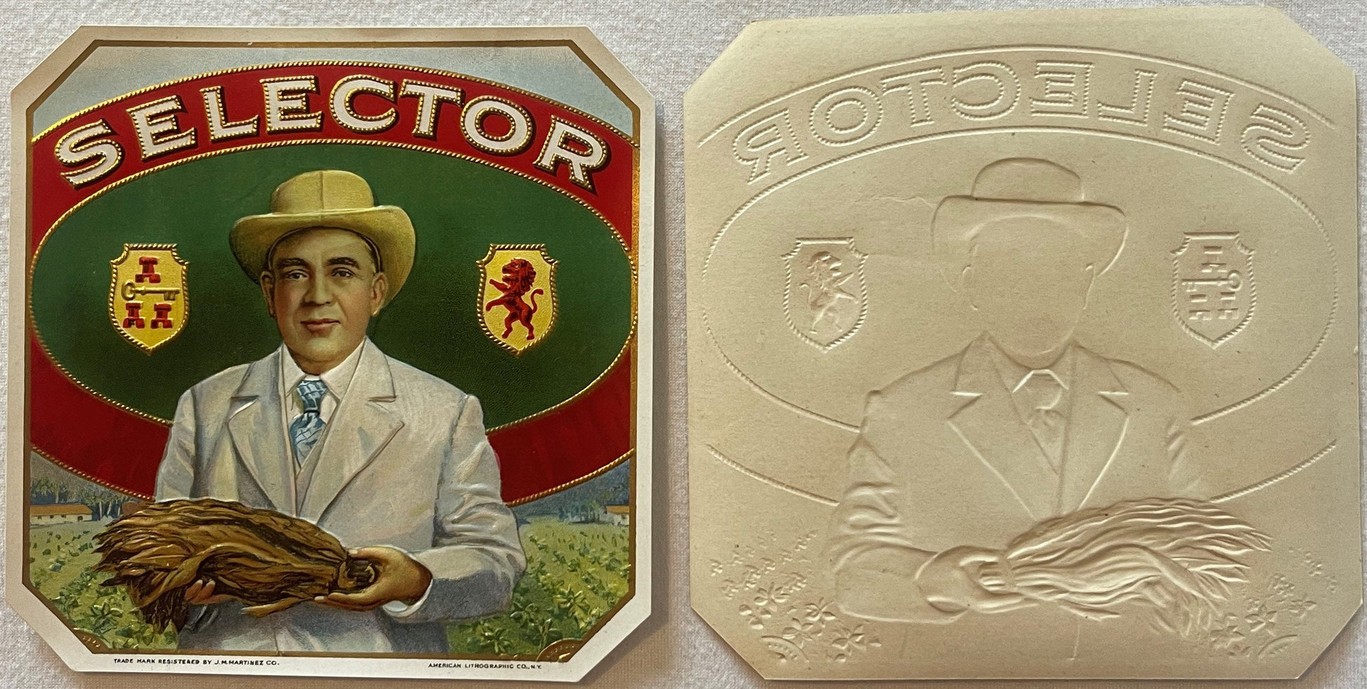 Front and back of vintage Selector cigar box label featuring man in cowboy hat holding tobacco leaf, with heraldic shields an