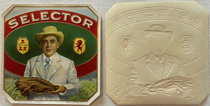 Front and back of vintage Selector cigar box label featuring man in cowboy hat holding tobacco leaf, with heraldic shields an