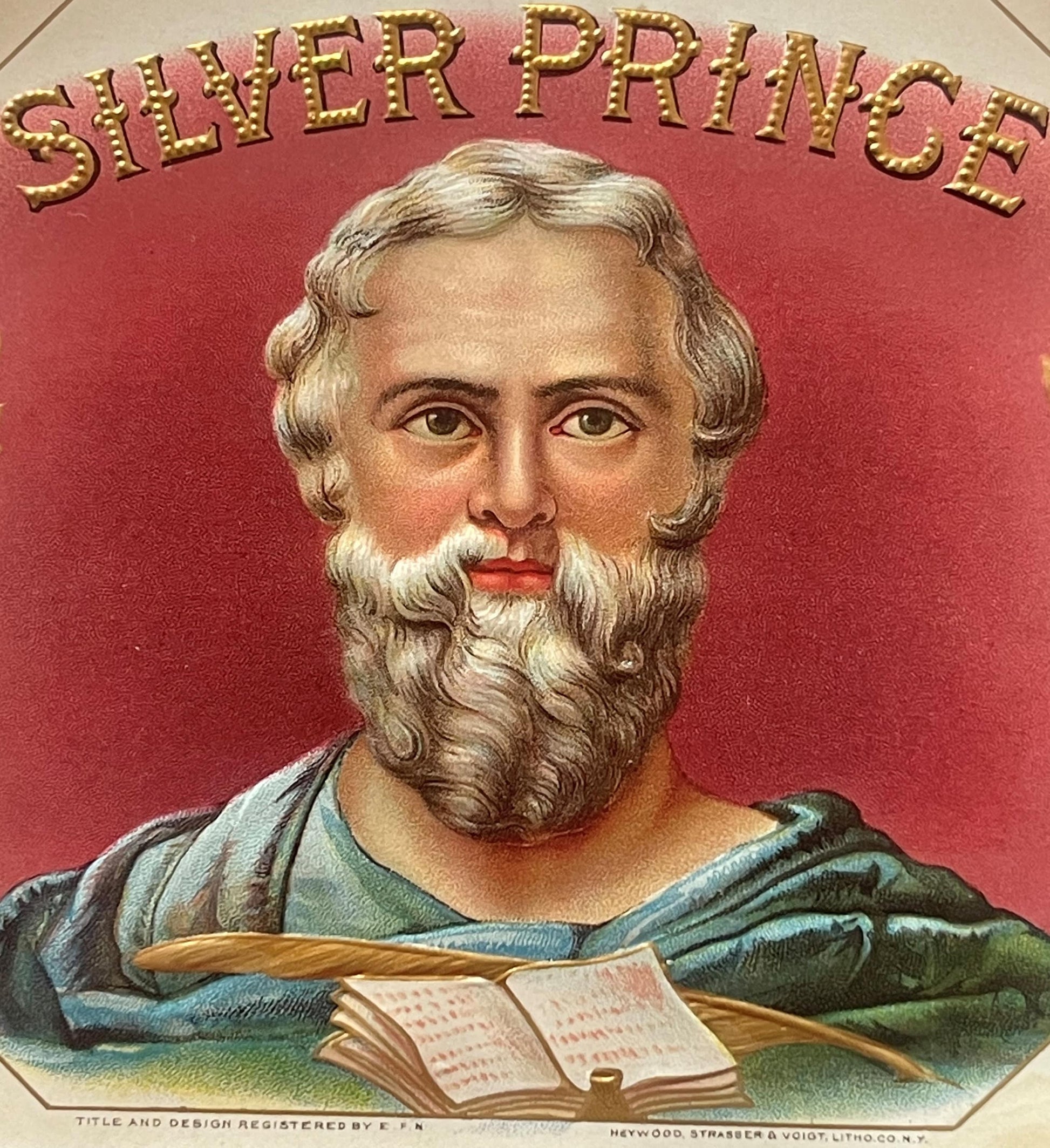 Antique Silver Prince cigar box label with embossed gold lettering showing bearded man in classical robes holding an open boo