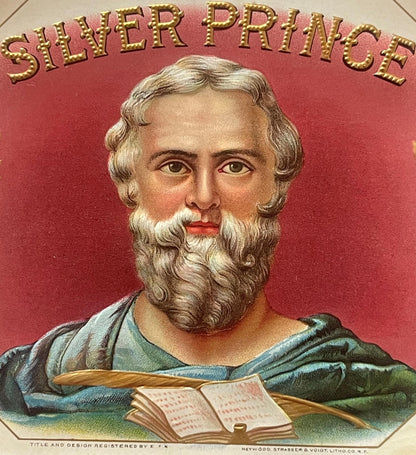 Antique Silver Prince cigar box label with embossed gold lettering showing bearded man in classical robes holding an open boo