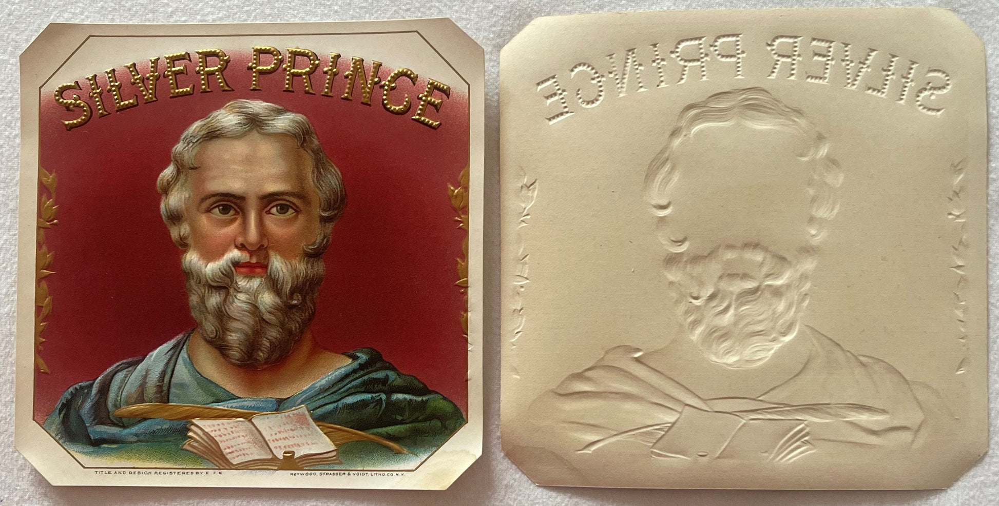 Front and back of embossed cream-colored cigar box label and colorful chromolithograph showing bearded man in classical robes