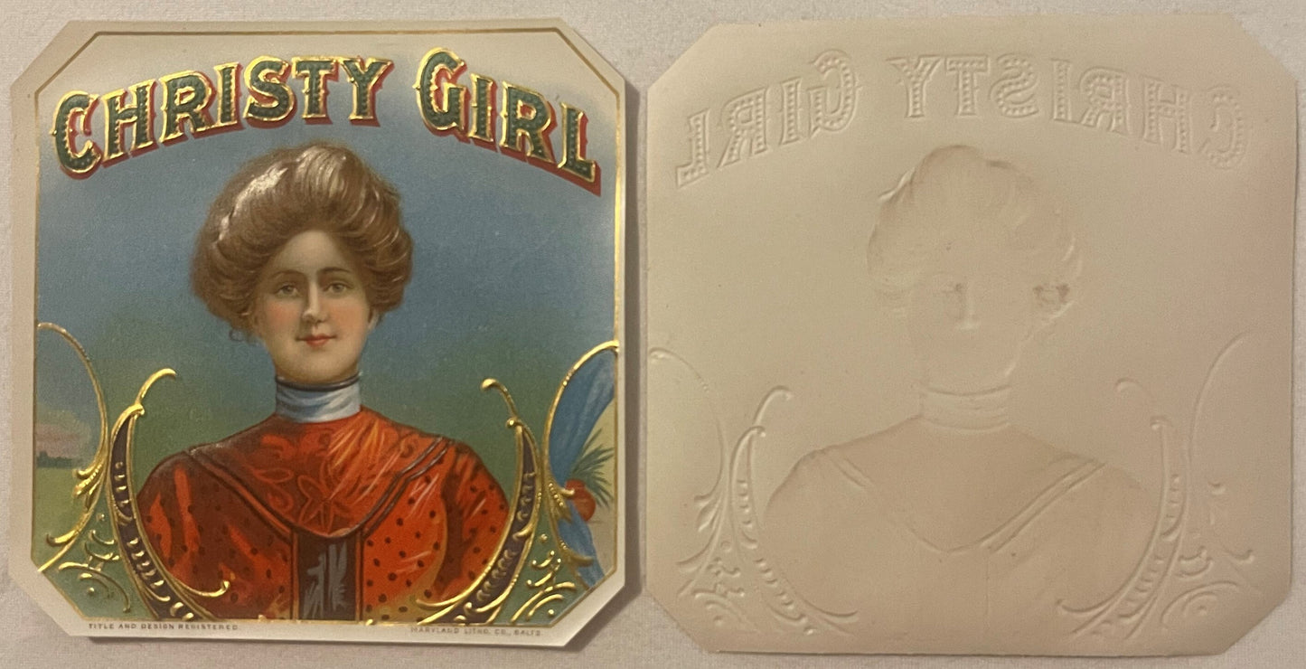 Vintage Christy Girl cigar label showing front and back; front features woman in red dress with gold ornamental borders, back