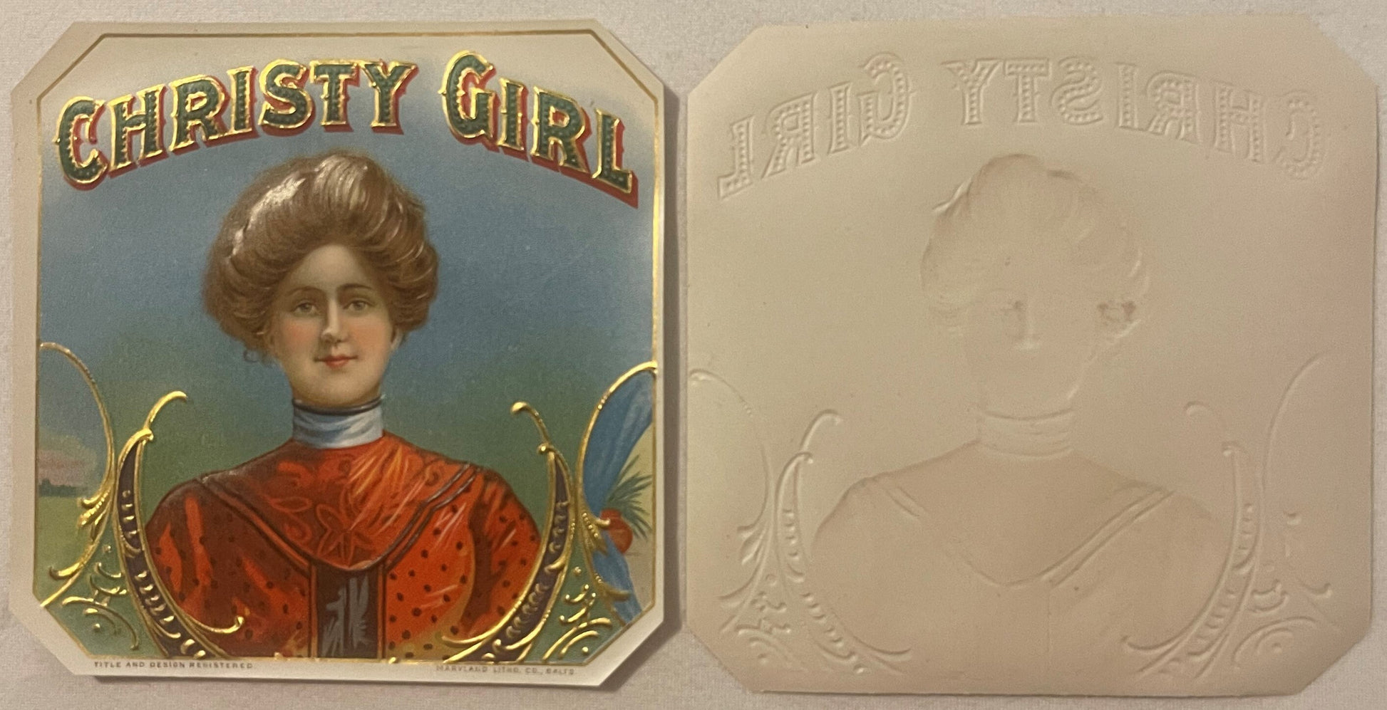 Vintage Christy Girl cigar label showing front and back; front features woman in red dress with gold ornamental borders, back