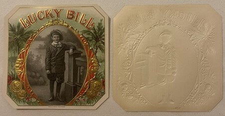 Front and back of octagonal Lucky Bill cigar label with gold embossed borders, chromolithograph portrait of man in period dre