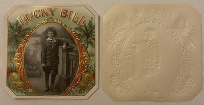 Front and back of embossed Lucky Bill cigar box label with gold decorative border, man in period clothing, and ornamental des