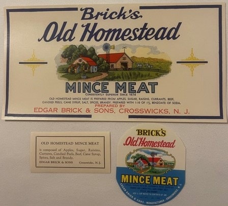 Three antique Brick's Old Homestead mince meat labels from Edgar Brick & Sons, Crosswicks NJ, featuring red farmhouse imagery