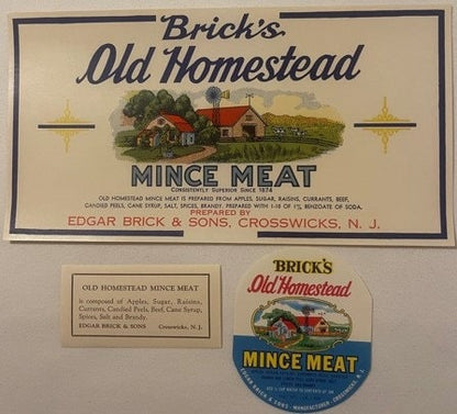 Three antique Brick's Old Homestead mince meat labels from Edgar Brick & Sons, Crosswicks NJ, featuring red farmhouse imagery