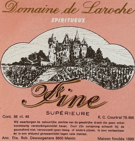 Vintage pink liqueur label featuring castle illustration, "Domaine de Laroche Spiritueux Fine Supérieure" text, and French te