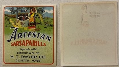 Artesian Sarsaparilla label shown front and reverse side by side; the reverse is plain paper with the front design showing faintly through.
