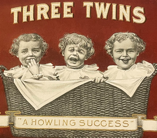 Antique Three Twins Cigar Box Label 🍼 Embossed Baby Trio Howling Success Tobacco Ephemera 🎪