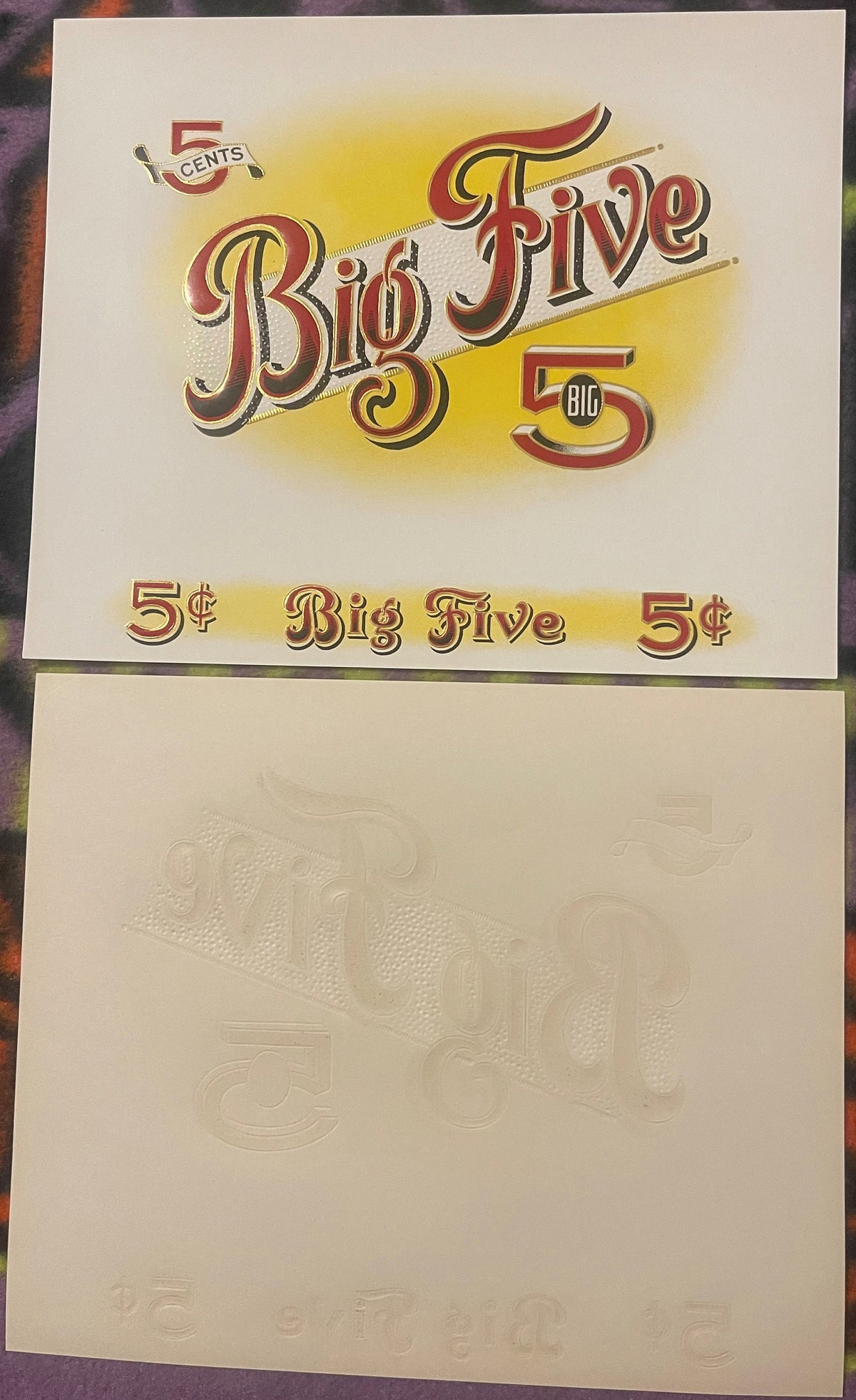 Vintage Big Five cigar label with red and gold ornate lettering on cream background, showing front and back pages