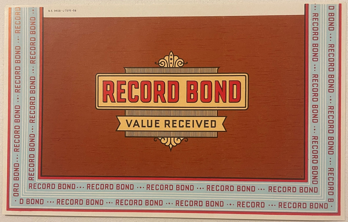 Record Bond cigar box label: a brick-red woodgrain field with a cream nameplate reading RECORD BOND in red over a VALUE RECEIVED banner, framed by pale blue-grey bands of repeating RECORD BOND lettering