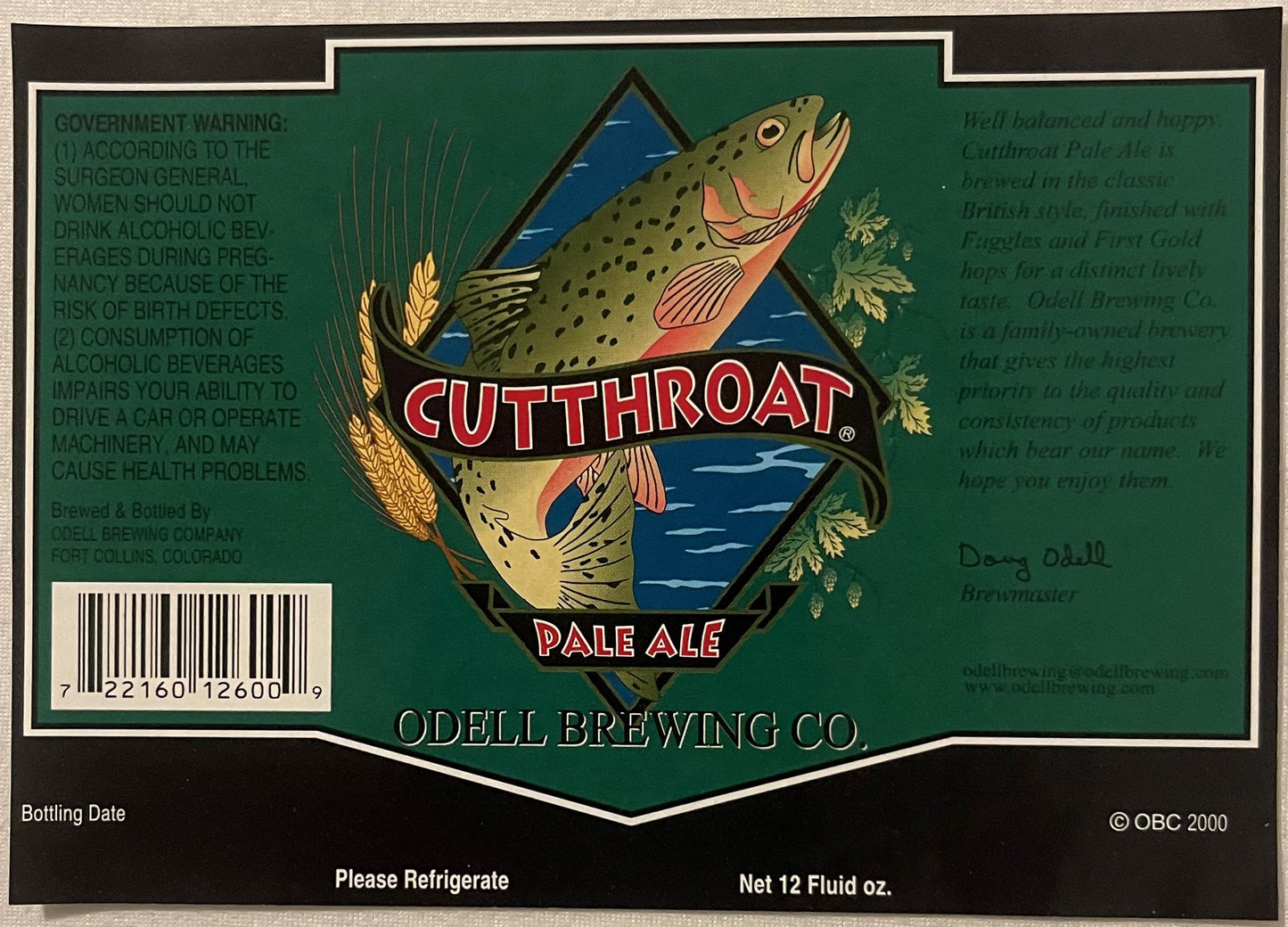 Vintage Odell Brewing Co. Cutthroat Pale Ale beer label featuring illustrated cutthroat trout, green background, barcode, and