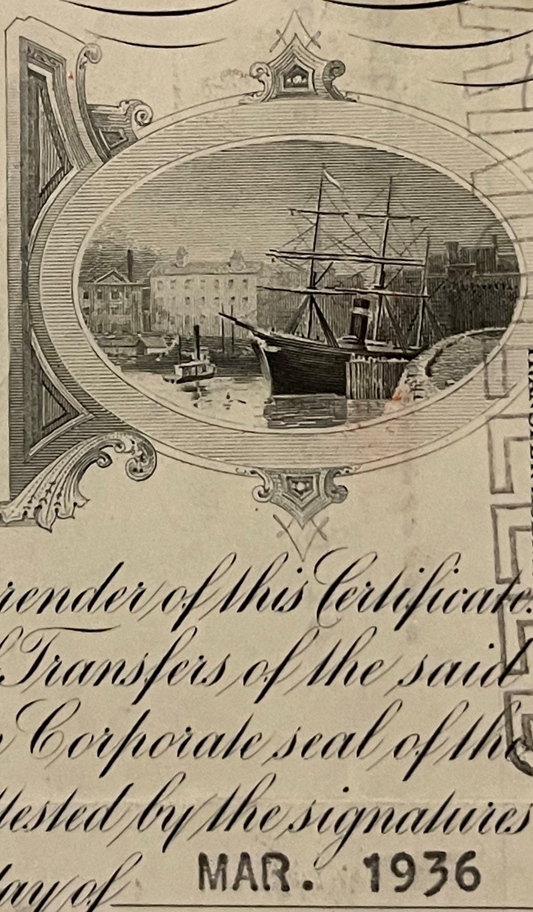 Vintage railroad stock certificate with ornate border featuring engraved harbor scene with sailing ship, dated March 193