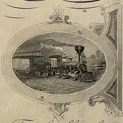 Engraved oval vignette of a steam locomotive with passenger car on railroad tracks, framed by ornate scrollwork borders on ag