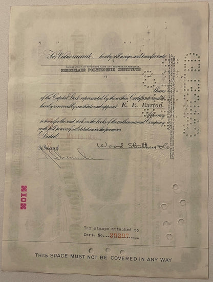 Aged stock certificate from Rensselaer Polytechnic Institute, with handwritten signatures and perforated