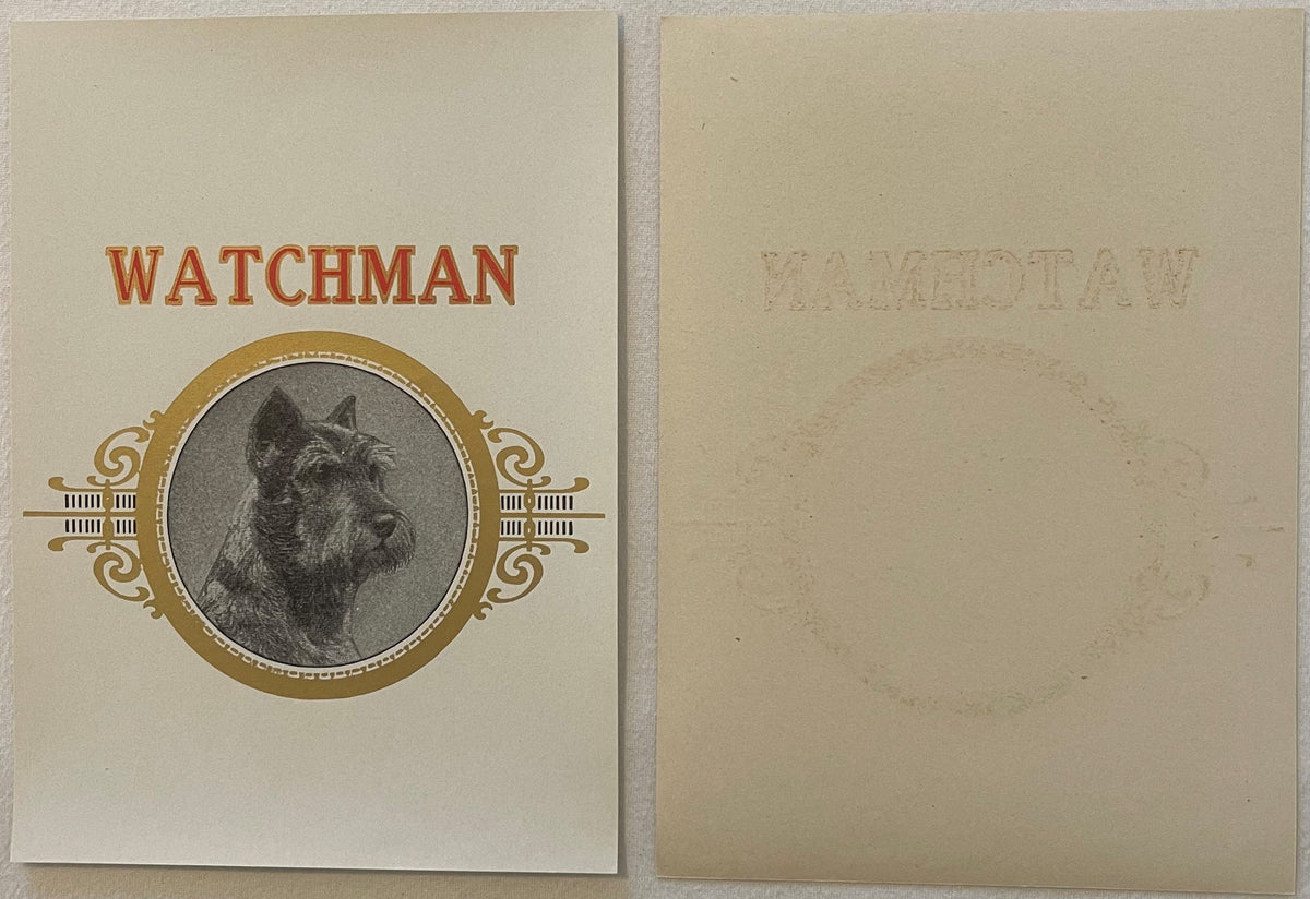 Antique cigar label with gold-embossed Scottish Terrier portrait in oval frame, "WATCHMAN" text above, shown open as front an