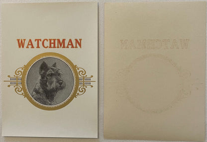 Antique cigar label with gold-embossed Scottish Terrier portrait in oval frame, "WATCHMAN" text above, shown open as front an