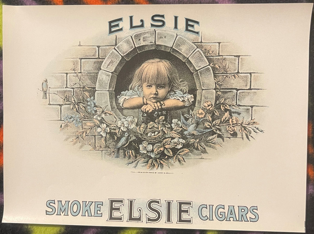 Vintage Elsie cigar label featuring a blonde child leaning from a brick window surrounded by flowers, circa early 1900s