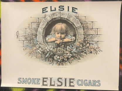 Vintage Elsie cigar label featuring a blonde child leaning from a brick window surrounded by flowers, circa early 1900s