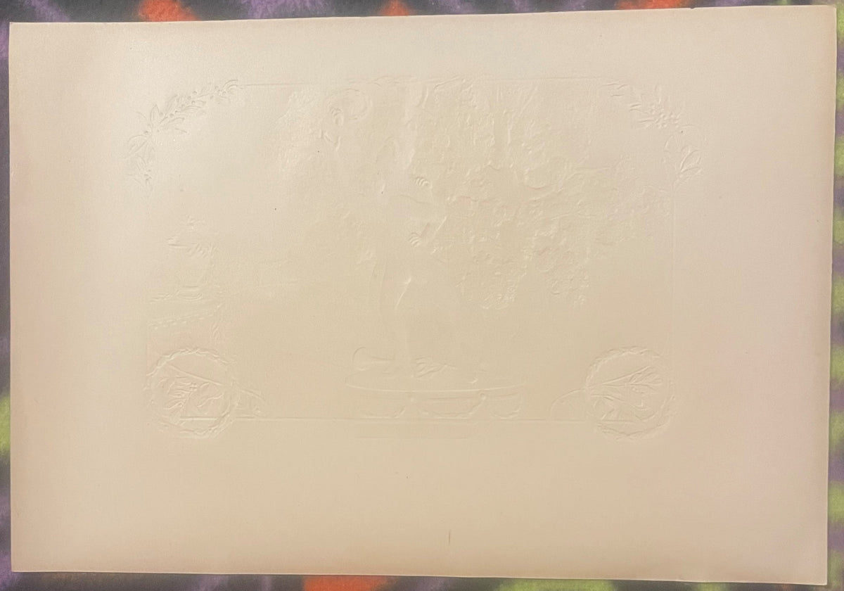 Cream-colored embossed cigar box label with faint neoclassical statuary and decorative motifs visible in relief against plain