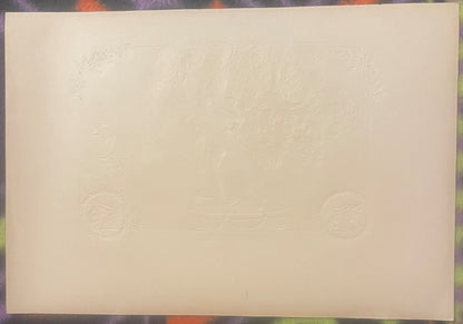 Cream-colored embossed cigar box label with faint neoclassical statuary and decorative motifs visible in relief against plain