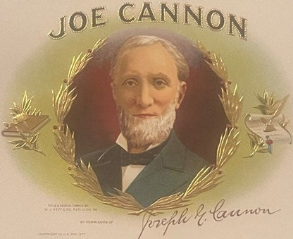 Antique chromolithograph cigar box label featuring portrait of Joe Cannon with wheat sheaves, printed text, and signature on 