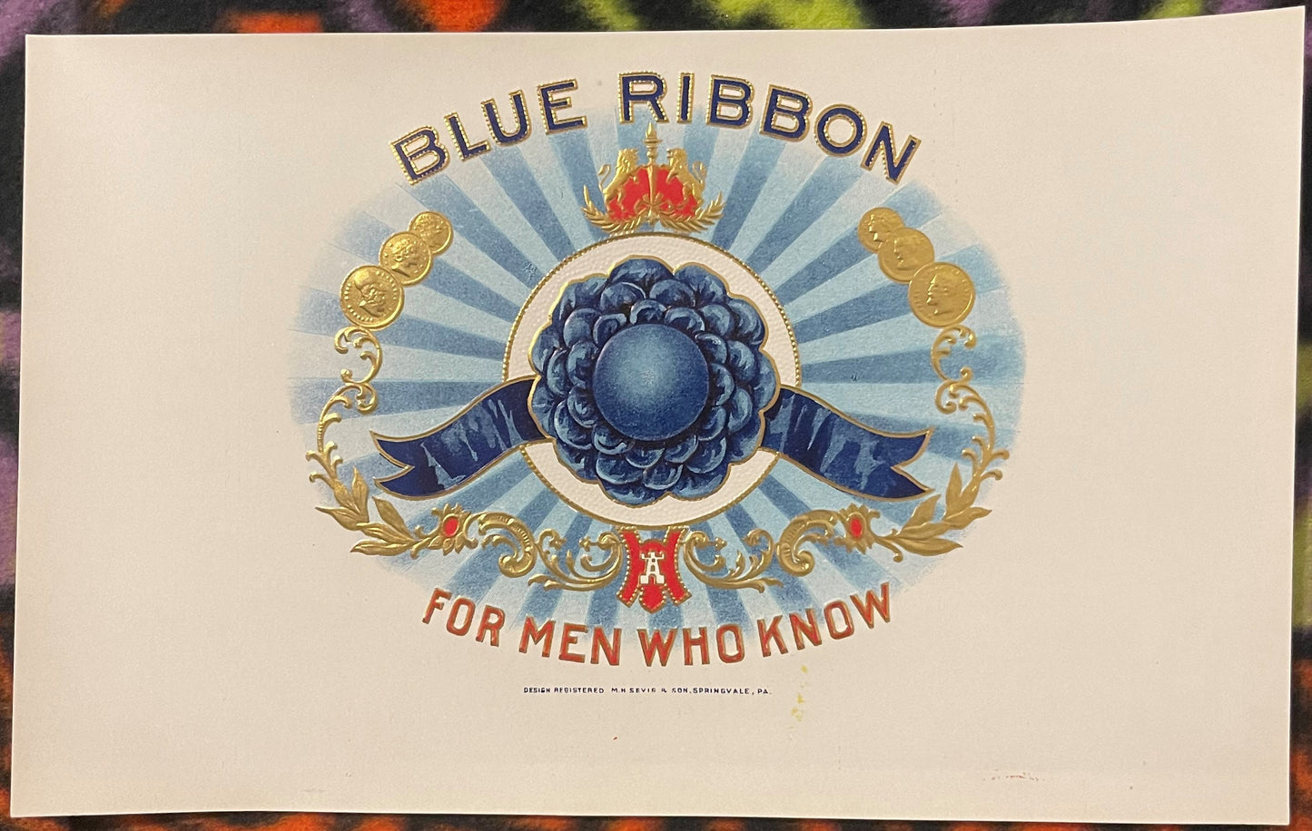 Antique 1900s - 1920s Blue Ribbon Large Embossed Cigar Label 🚬 "For Men Who Know"