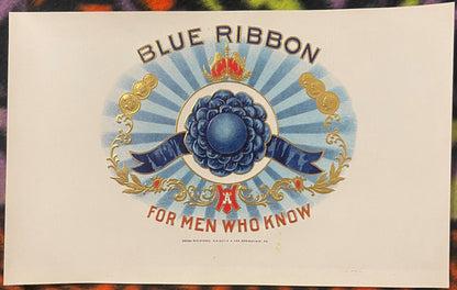 Antique 1900s - 1920s Blue Ribbon Large Embossed Cigar Label 🚬 "For Men Who Know"
