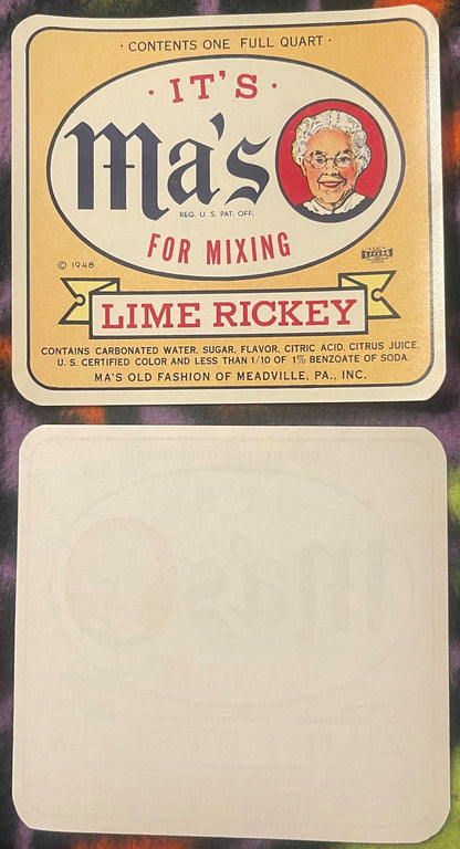 Vintage 1948 Ma's Lime Rickey soda label from Meadville PA showing smiling elderly woman in red circle, one full quart size, 