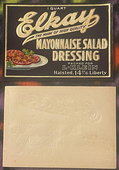 Vintage Elkay Mayonnaise Salad Dressing label with black and gold design, showing salad plate illustration, packed for L.