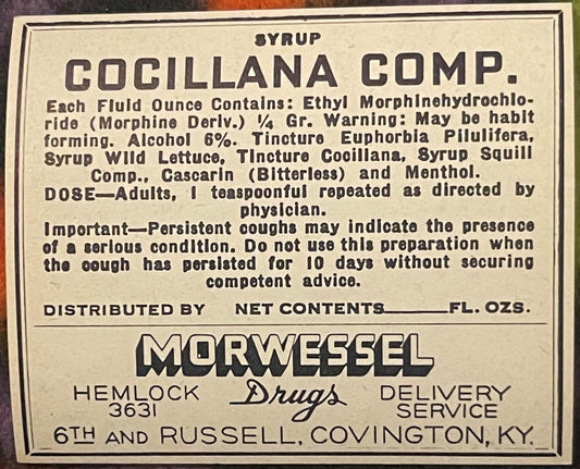 Antique 1910s Cocillana Morphine Pharmacy Label – Morwessel Drugs Covington KY 💊
