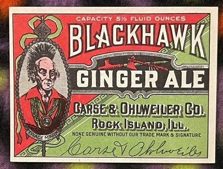 Antique Blackhawk Ginger Ale label with portrait of a man in red coat, red and green lithograph, Carse & Ohlweiler Co., Rock 