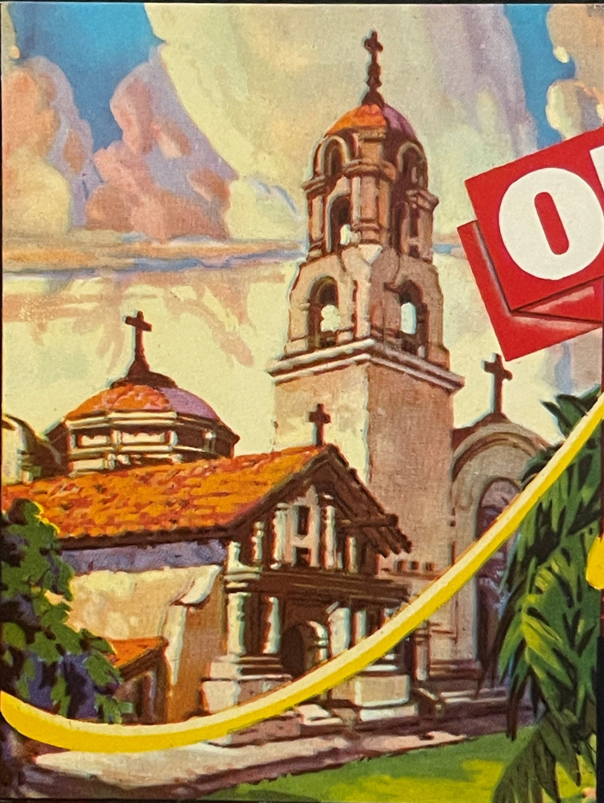 Vintage citrus crate label featuring Spanish mission architecture with bell tower, domed buildings with crosses, and decorati