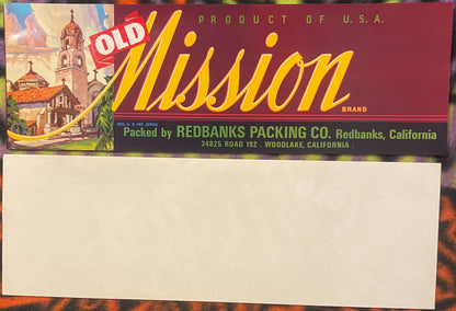 Vintage Old Mission citrus crate label with "SOLD" stamp, featuring Spanish mission architecture and yellow script text on ma