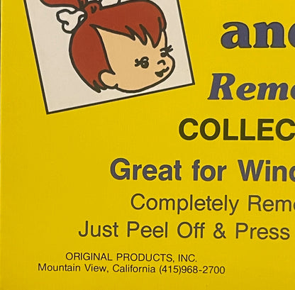 Vintage yellow vending display sign with cartoon character illustration and text "Great for Windows," "Completely Removable,"