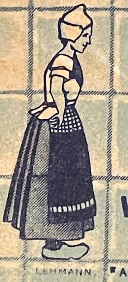 Black and white illustration of a woman in 1930s dress with patterned skirt on plaid background, signed Lehmann