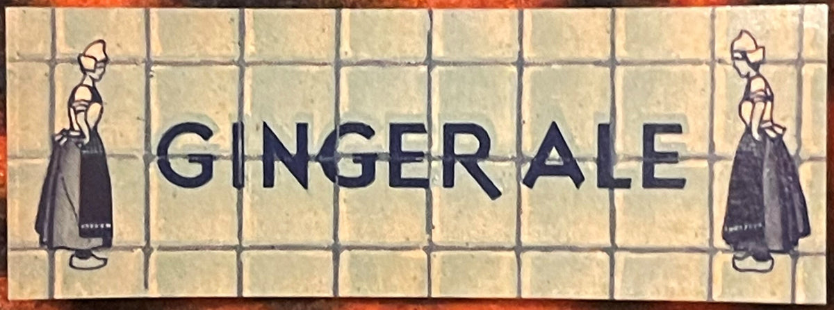 Vintage Wharton Ginger Ale label featuring beige tiles with "GINGER ALE" text and illustrated women in period dress on left a