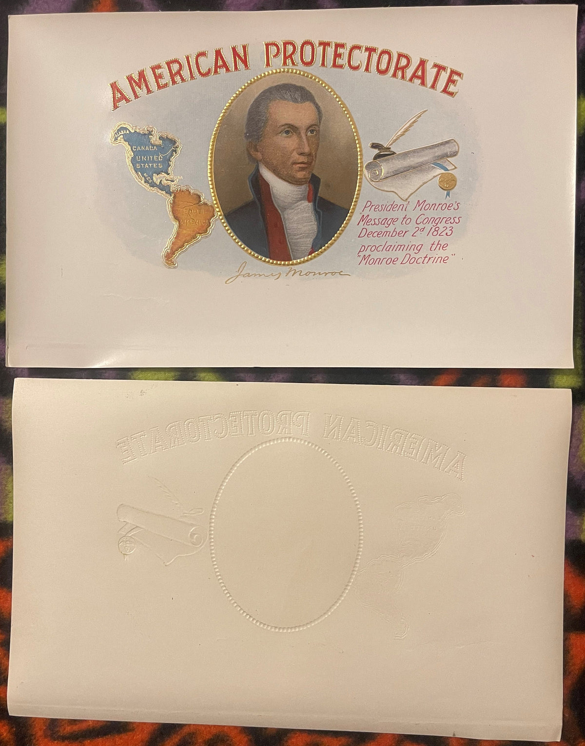 Front and back of embossed cream-colored cigar label featuring James Monroe portrait, map of North America