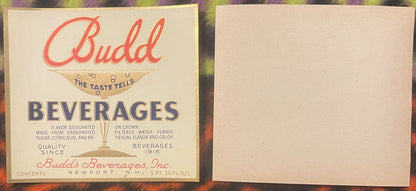 Vintage Budd Beverages label from Newport, N.H., showing red script logo, blue text, and cream background, displayed front an