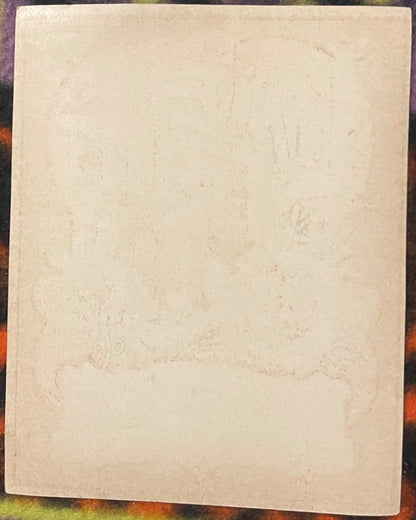 Cream-colored antique label with faint embossed or printed text, shown full-page against a colorful patterned background for 