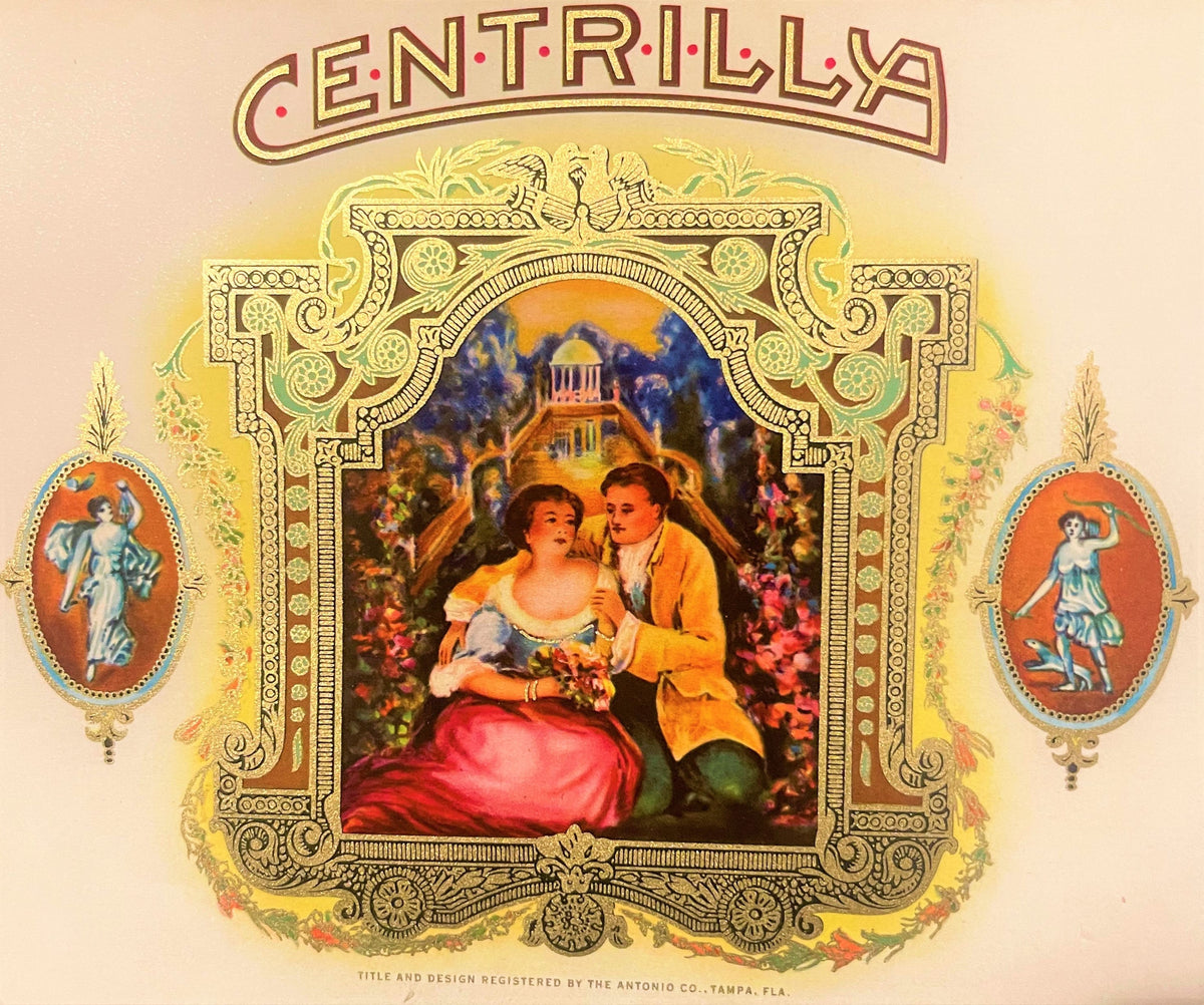 Vintage Centrilla cigar label with ornate gold frame, central romantic couple scene, flanking oval medallions, and decorative