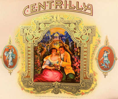 Vintage Centrilla cigar label with ornate gold frame, central romantic couple scene, flanking oval medallions, and decorative