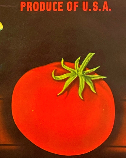 Vintage crate label featuring a bright red tomato with green stem against dark brown background, text reading "PRODUCE OF U.S