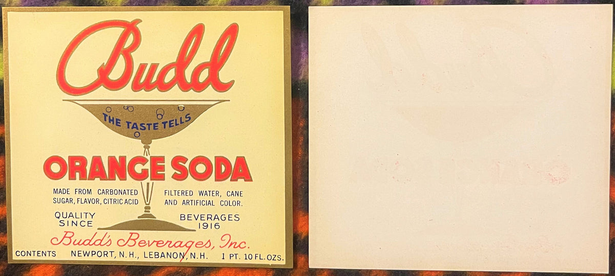 Vintage Budd Orange Soda label with red script text on yellow background, showing bottle graphic and ingredients, circa 1916,