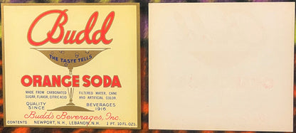 Vintage Budd Orange Soda label with red script text on yellow background, showing bottle graphic and ingredients, circa 1916,